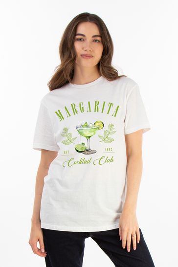 Brands In White Women Boyfriend Fit Margarita Cocktail Club 100 Cotton T Shirt