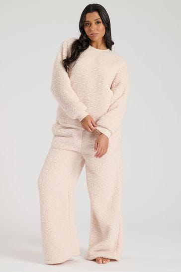 Loungeable Cream Borg Jumper and Wide Leg Lounge Set