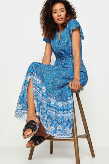M Co Blue Flower Print Tiered Maxi Dress With Border Hem