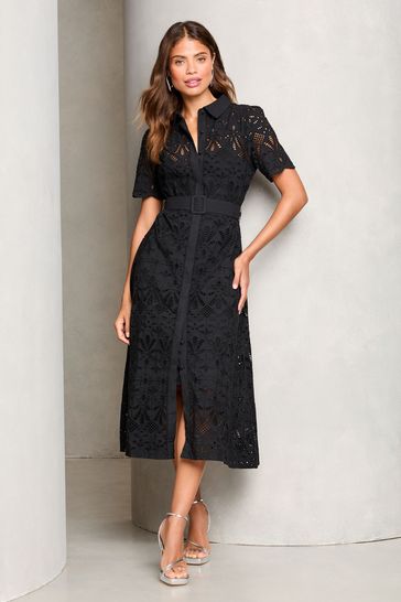 Lipsy Black Premium Broderie Lace Belted Shirt Midi Dress