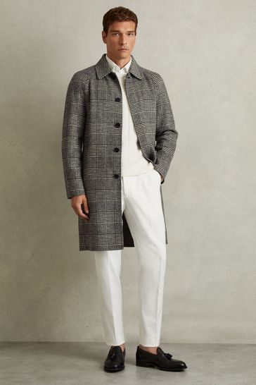 Reiss Black White Chaplin Checked Wool Blend Car Coat