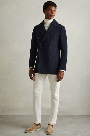 Buy Reiss Navy Herringbone Bergamo Wool Blend Double Breasted Peacoat from Next Netherlands