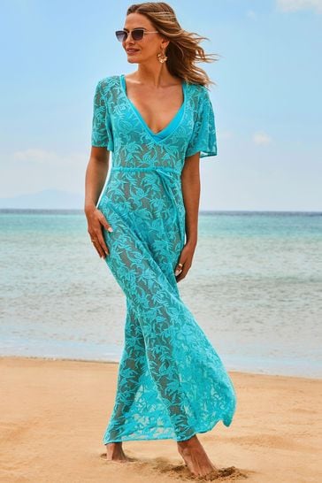 Sosandar Blue Lace Detail Midi Dress