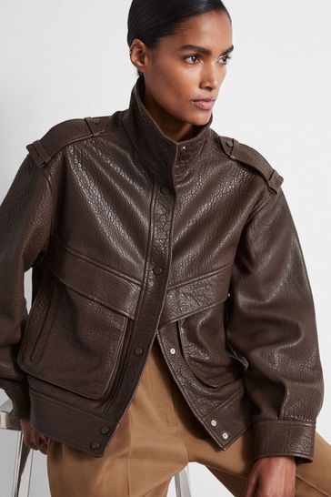 Buy Reiss Chocolate Cleo Atelier Grained Leather Jacket from Next Bahrain