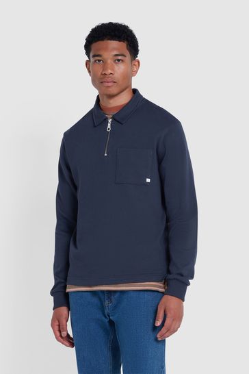 Buy Farah Blue Creston Quarter Zip Long Sleeve Rugby Polo Shirt from Next Bahrain