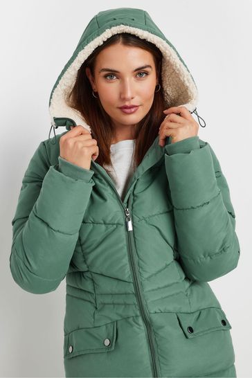 Long Tall Sally Green Borg Hooded Midi Padded Coat