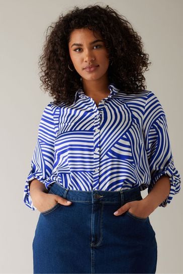 Evans Curve Blue Abstract Print Tab Sleeve Shirt