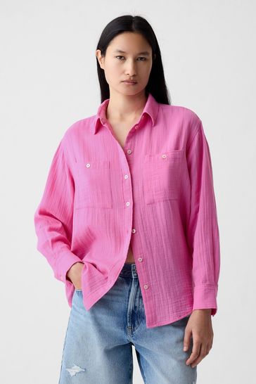 Gap Pink Crinkle Cotton Long Sleeve Big Shirt