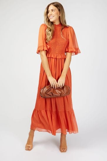 Little Mistress Orange Ariadne Shirred Frill Maxi Dress