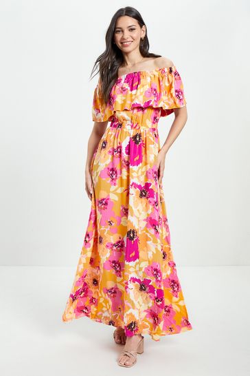 Y.A.S Yellow Floral Print Ruffle Bardot Summer Maxi Dress