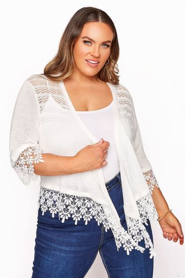 Yours Curve White Lace Trim Waterfall Shrug