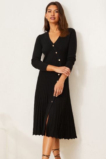 Lipsy Black Long Sleeve Knitted Wrap Button Pleated Dress