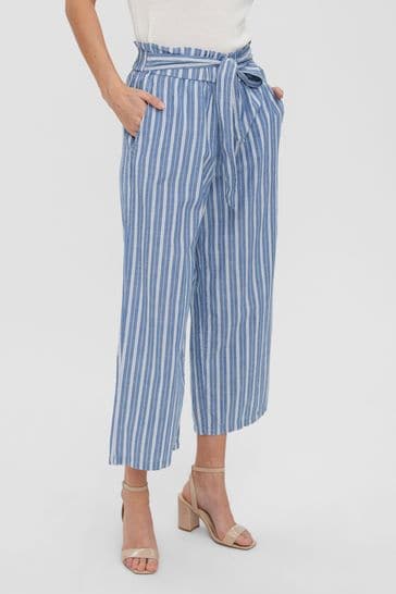 Buy VERO MODA Light Blue Chambray Striped Cullote Trousers from
