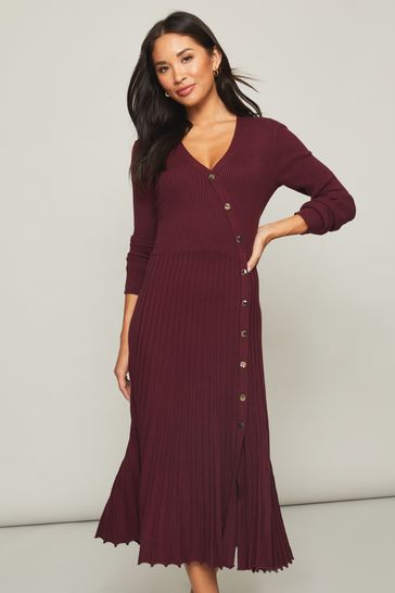 Lipsy Berry Red Regular Long Sleeve Knitted Wrap Button Pleated Dress