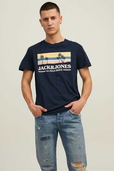 Jack & Jones Navy Palm Tree Print Logo T-Shirt