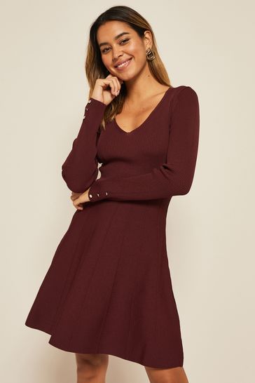 Friends Like These Dark Cherry Long Sleeve Knitted V Neck Fit and Flare Dress