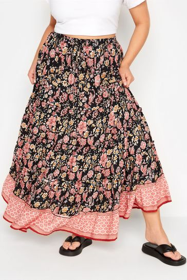 Yours Curve Black Floral Tiered Skirt