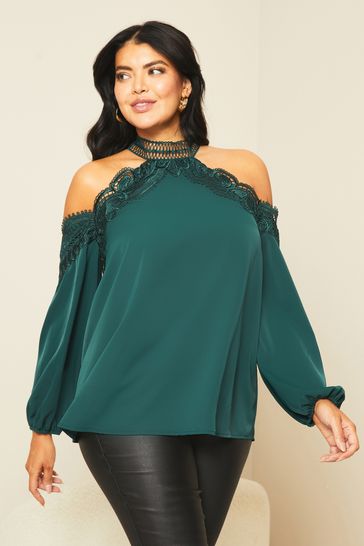 Lipsy Green Curve Long Sleeve Cold Shoulder Blouse