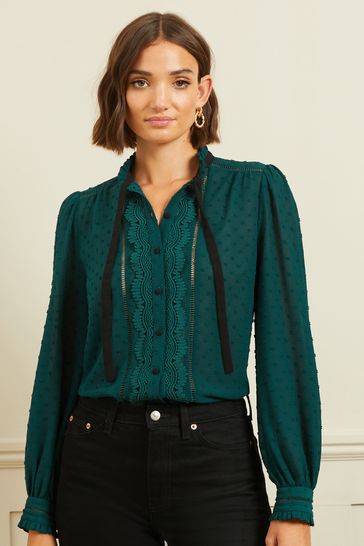 Love & Roses Green Dobby Contrast Tie Blouse