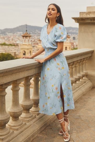 Friends Like These Blue Floral Short Sleeve Ruched Waist Detail Midi Dress