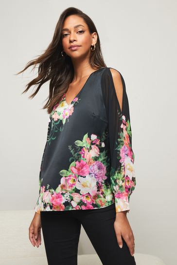 Lipsy Black Floral Regular V Neck Cold Shoulder Top