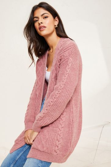 Lipsy Pink Knitted Cable Pocket Longline Edge to Edge Cardigan