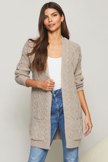 Lipsy Neutral Knitted Cable Pocket Longline Edge to Edge Cardigan