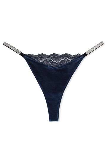 Victoria's Secret Bra Shine Strap Navy Blue Velvet Bra Thong Panty Set 