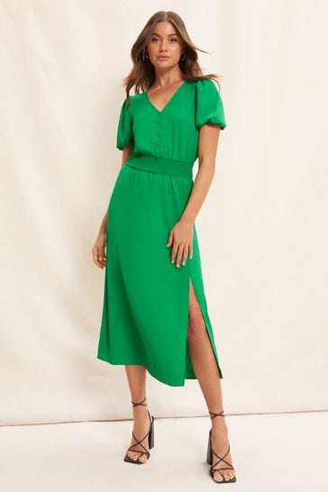 Friends Like These Bright Green Puff Sleeve Ruched Waist V Neck Midi Summer Dress