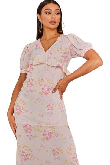 Chi Chi London Pink & White Short Sleeve Floral Printed Midi Summer Dress