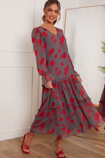 Chi Chi London Brown & Red Chi Chi London Long Sleeve Floral Printed Midi Summer Dress