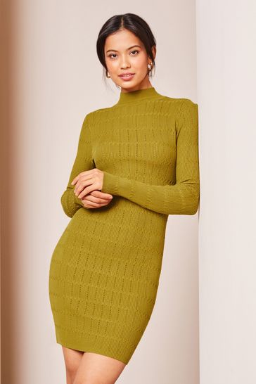 Lipsy Olive Green Textured High Neck Long Sleeve Knitted Dress