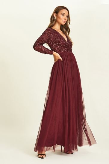Maya Burgundy Red Wrap Long Sleeve Sequin Maxi Dress