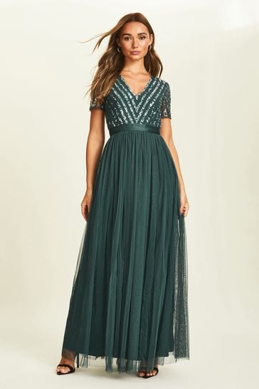 Maya Forest Green Chevron Sequin Maxi Dress