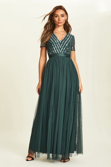 Maya Forest Green Petite Chevron Sequin Maxi Dress