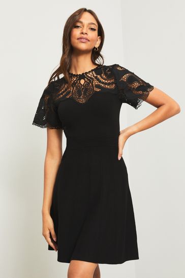 Lipsy Black Lace Short Sleeve Knitted Fit And Flare Dress