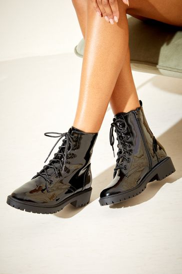 Thick Sole Artificial Patent PU Biker Boots