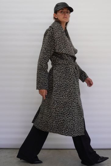 Religion Brown Leopard Printed Ultra Wool Mix Coat With Large Collar And Belt