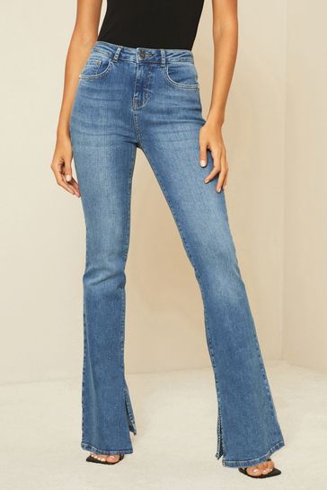 Lipsy Blue Split Hem Mid Rise Chloe Flare Jeans