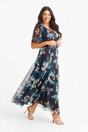 Buy Scarlett Jo Blue Isabelle Print Float Sleeve Maxi Dress from
