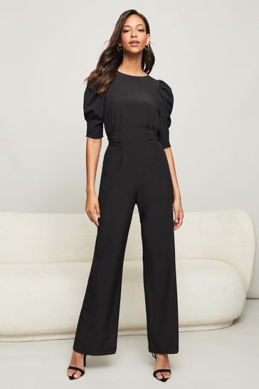 Lipsy Plain Black Puff Sleeve Tie Waist Summer Jumpsuit