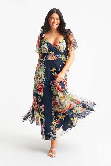 Scarlett & Jo Navy Blue Floral Kemi Print Maxi Bolero Wrap Bodice Dress
