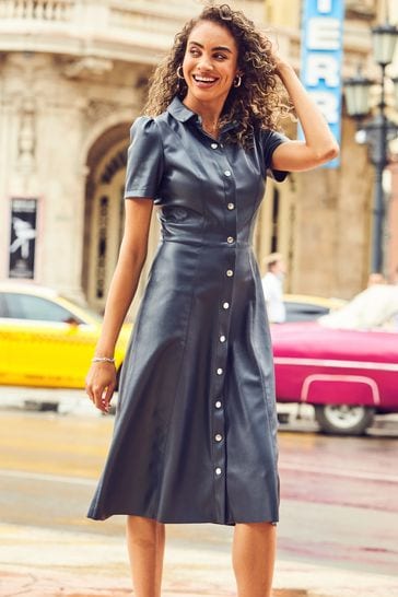Buy Sosandar Blue Faux Leather Short Sleeve Popper Front Shirt