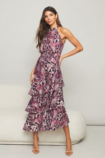 Lipsy Purple Animal Regular Printed Tiered Halter Midi Dress