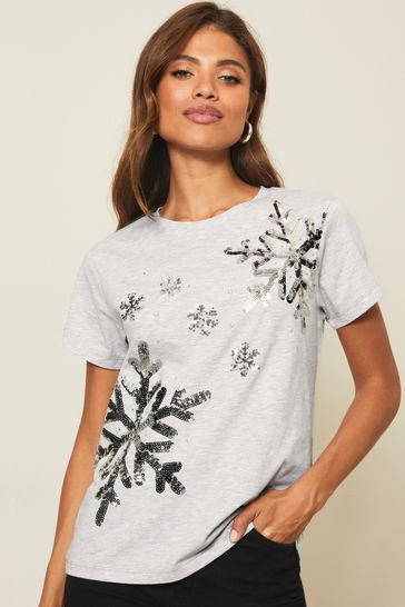 Lipsy Grey Snowflake Regular Christmas T-Shirt