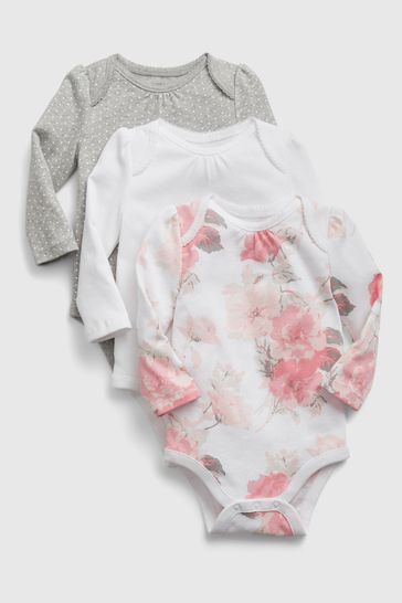 Gap White Floral 3 Pack Long Sleeve Baby Bodysuits