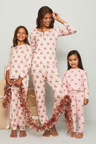 Lipsy Pink Reindeer Mini Jersey Christmas Pyjamas