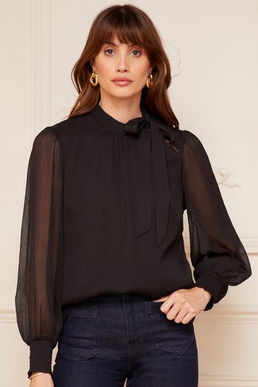 Love & Roses Black Long Sleeve Tie Neck Shirred Cuff Blouse