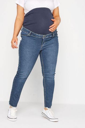 Yours Curve Blue Maternity Straight Leg Frayed Jeans