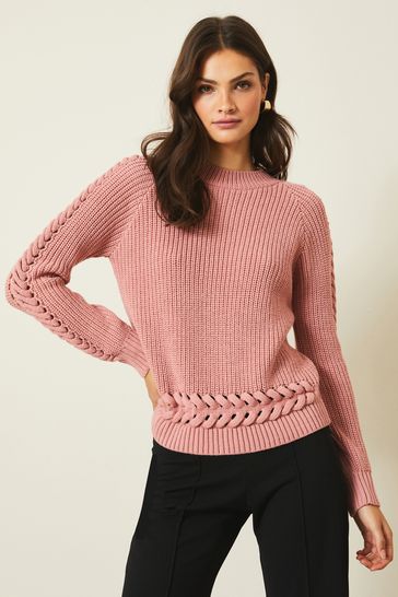 Lipsy Pink Knitted Plait Cable High Neck Jumper